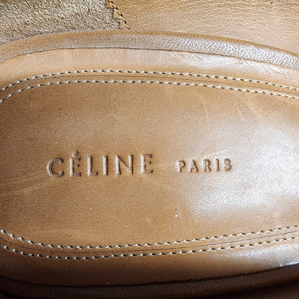 CELINE PARIS Women's Size 39.5 Tan Leather Chunky Heel Pumps Made in Italy - Picture 5 of 11